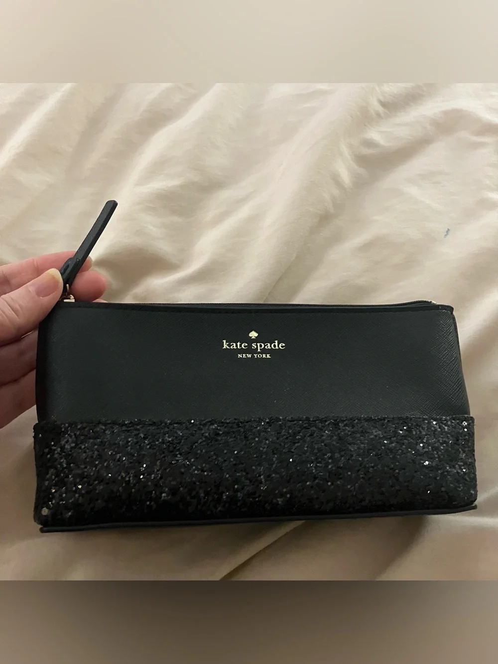 Kate Spade New York Black Saffiano Leather Glitter Makeup Bag Cosmetic Pouch Zip